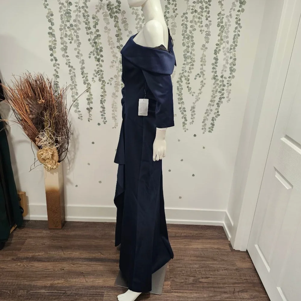 XCAPE Stretch Scuba Crepe Off-the-Shoulder Long Sleeve Mermaid Gown Navy, 16 - Picture 6 of 12